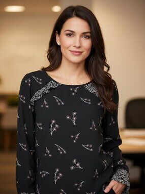 Loft S Women's Gray Pink Ruffle Floral Top LS Boho Office Coquette Flowy Chic